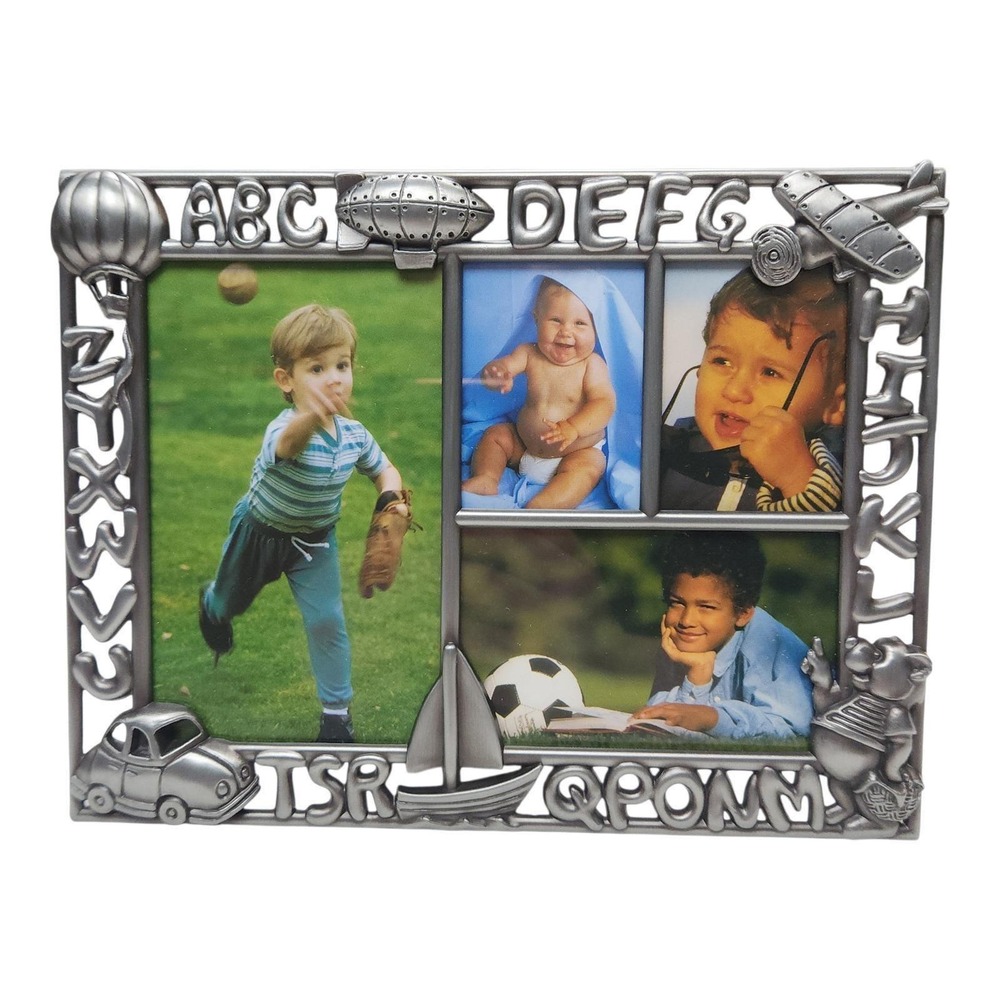 Vintage Pewter Collage Baby Picture Frame ABC Alphabet Airplane Nursery Decor